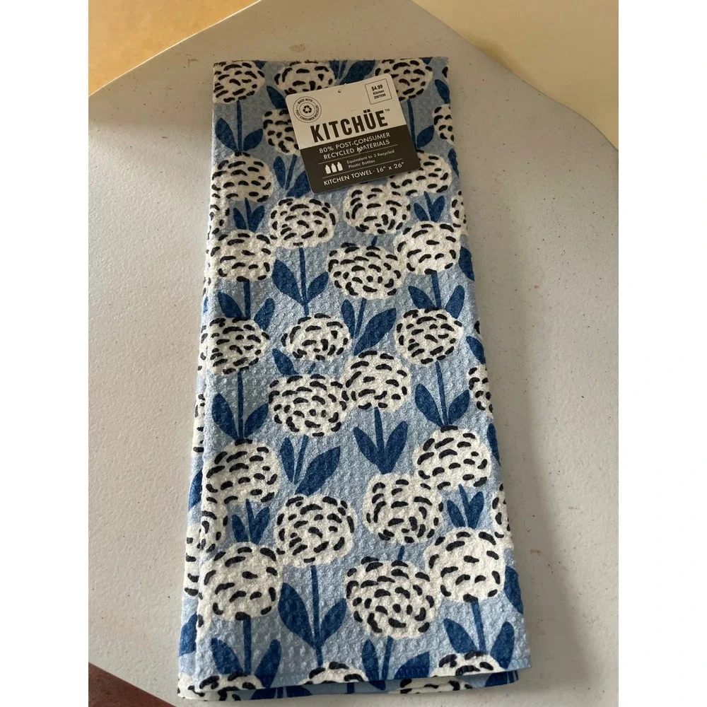 Kitchue Blue Floral Recycled Kitchen Towel 16x26 Waffle Weave Eco Friendly